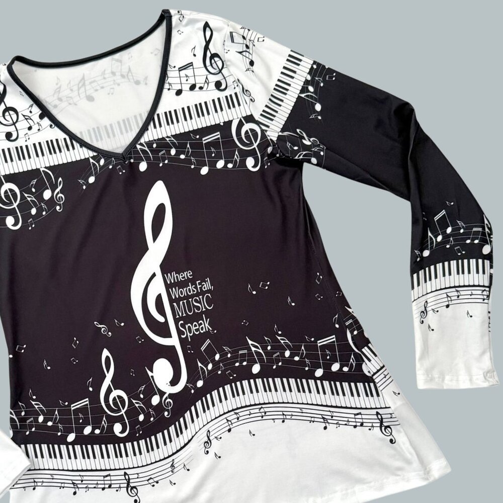Music Notes Long Sleeve Top Size M Black White V Neck Piano Keys Print